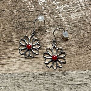 Sterling Silver Boho Vibes Flower Earrings with Red Stone. Like New.